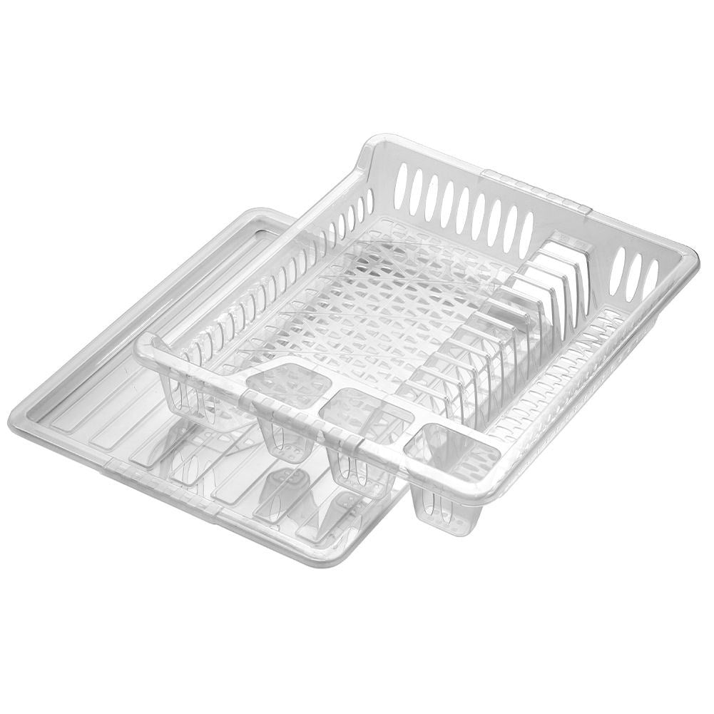 Transparent dish rack with sections and removable tray