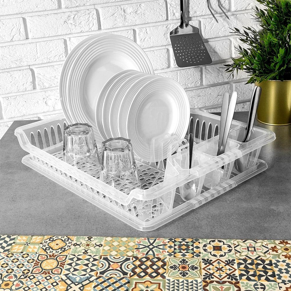 Transparent dish rack with sections and removable tray