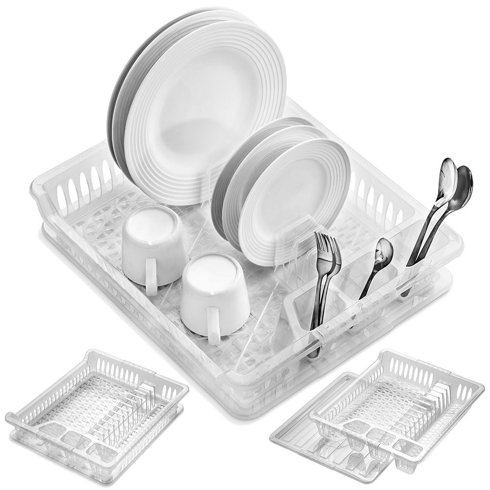 Transparent dish rack with sections and removable tray