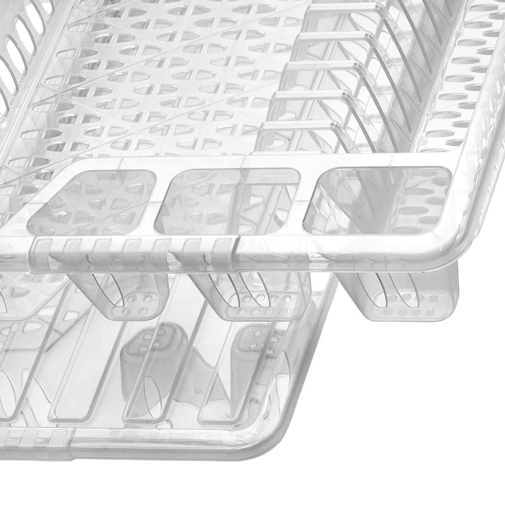 Transparent dish rack with sections and removable tray
