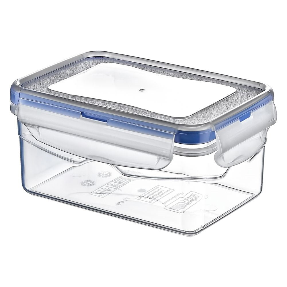 Transparent plastic container with tight-fitting lid and clips