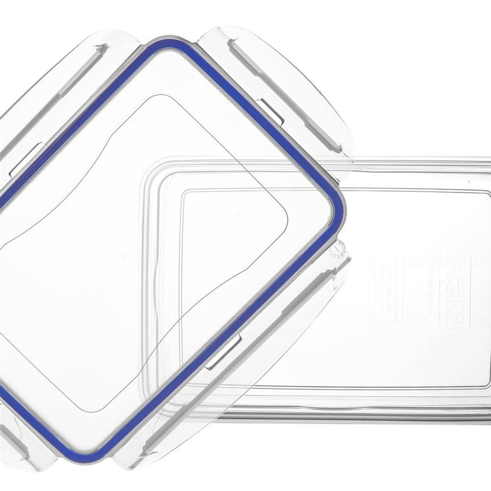 Transparent plastic container with tight-fitting lid and clips
