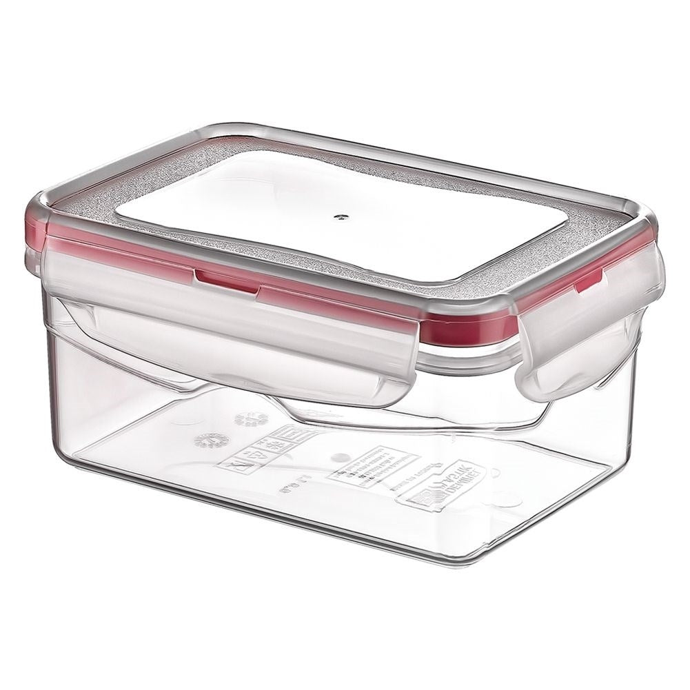 Transparent plastic container with tight-fitting lid and clips