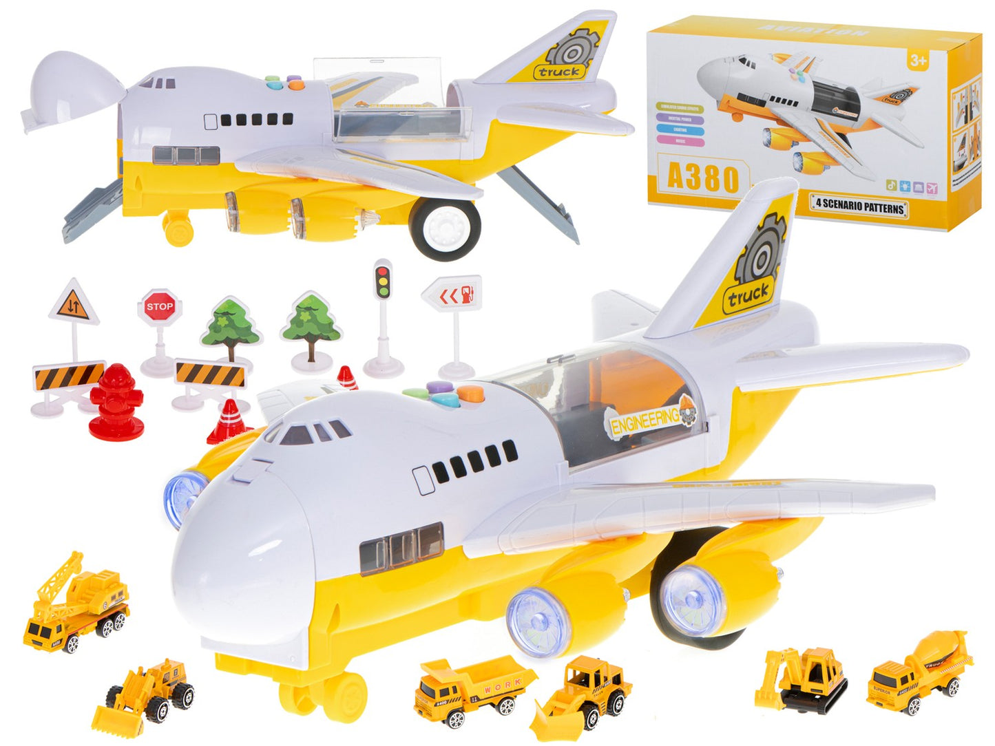 Transporter aircraft + 6 cars construction vehicles side/front