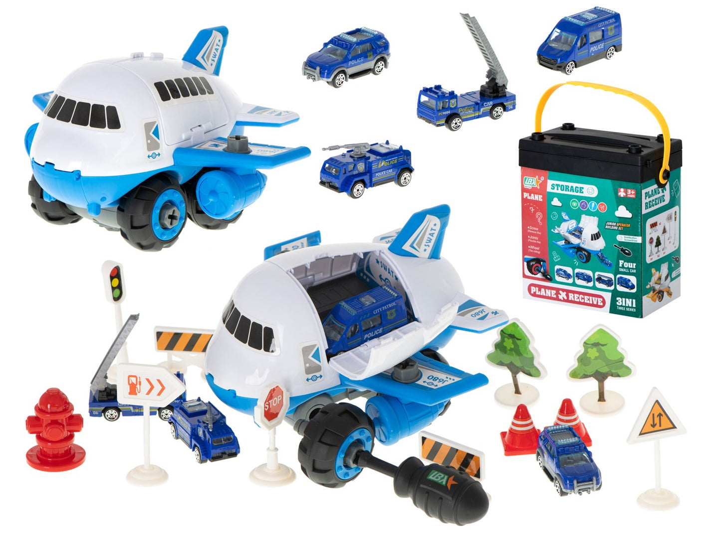 Transporter plane police + 4 cars + accessories