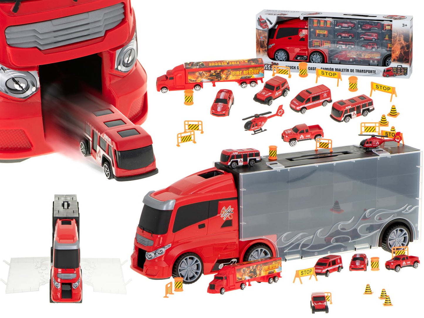 Transporter truck TIR launcher in suitcase + 7 cars fire brigade