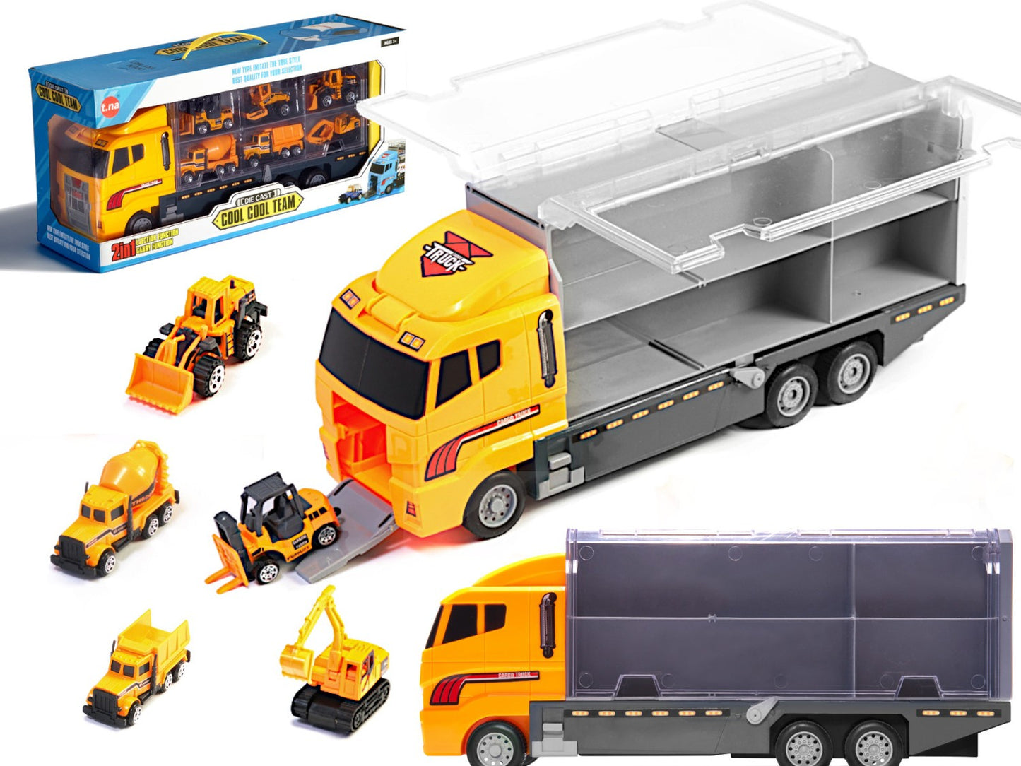 Transporter truck TIR launcher + metal cars construction machines