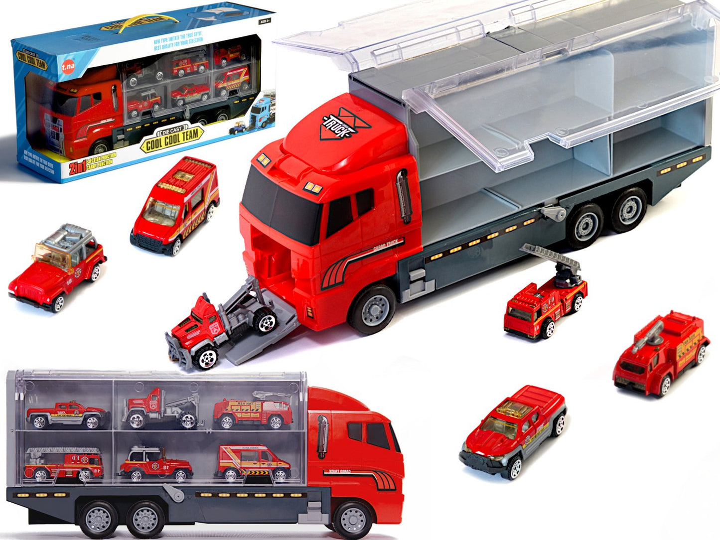 Transporter truck TIR launcher + metal cars fire brigade