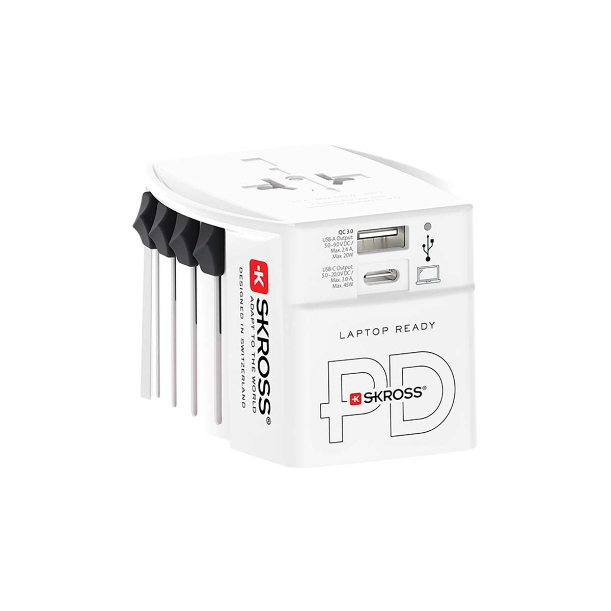 Travel Adapter 2-pole world travel adapter with integrated Dual USB Charger (1x USB C & 1 x USB) 45 Watt Power Delivery