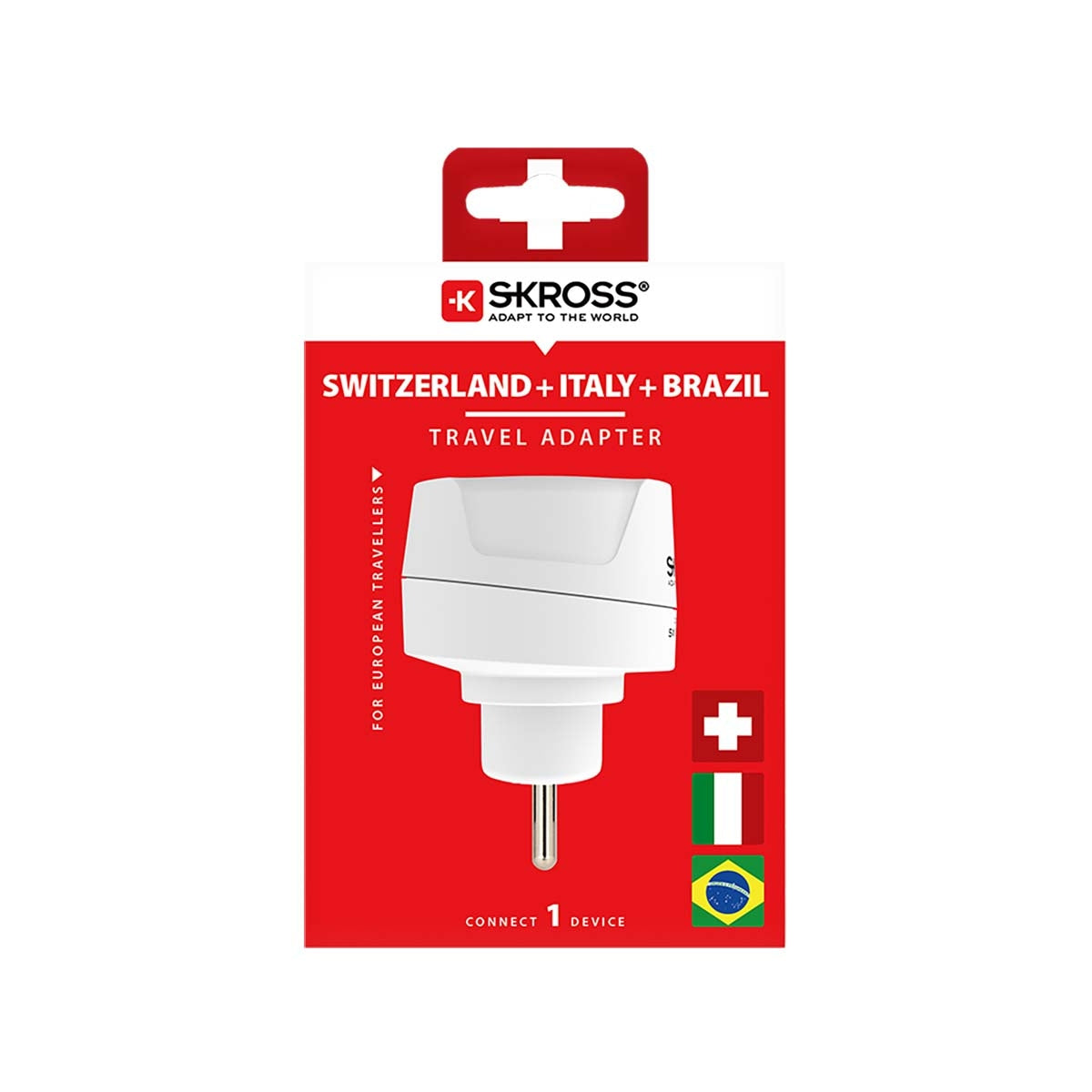 Travel adapter Europe to Switzerland + Italy + Brazil - For 2- and 3-pole devices (grounding or Euro-plug)