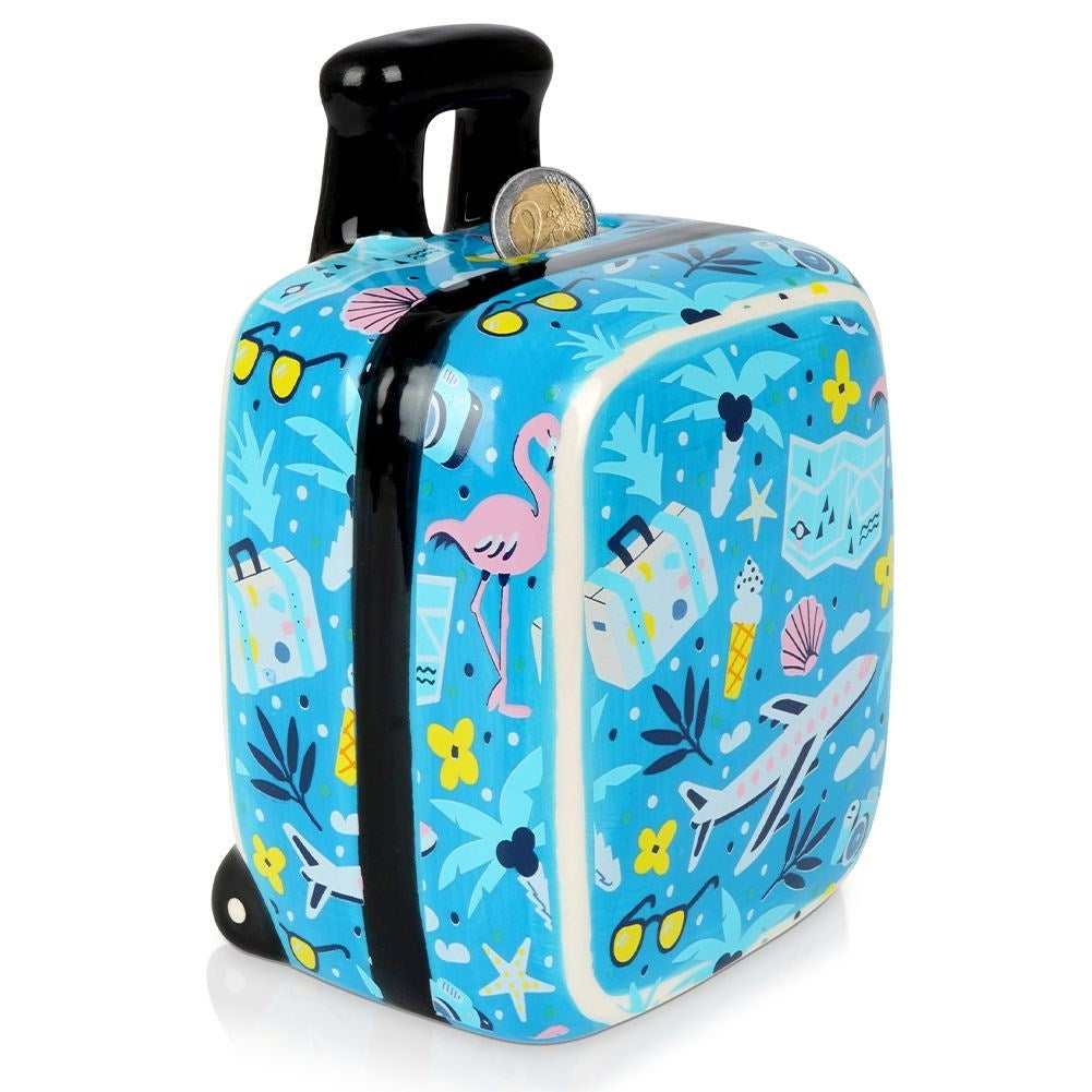 Travel bag-shaped piggy bank in blue ceramic with travel details