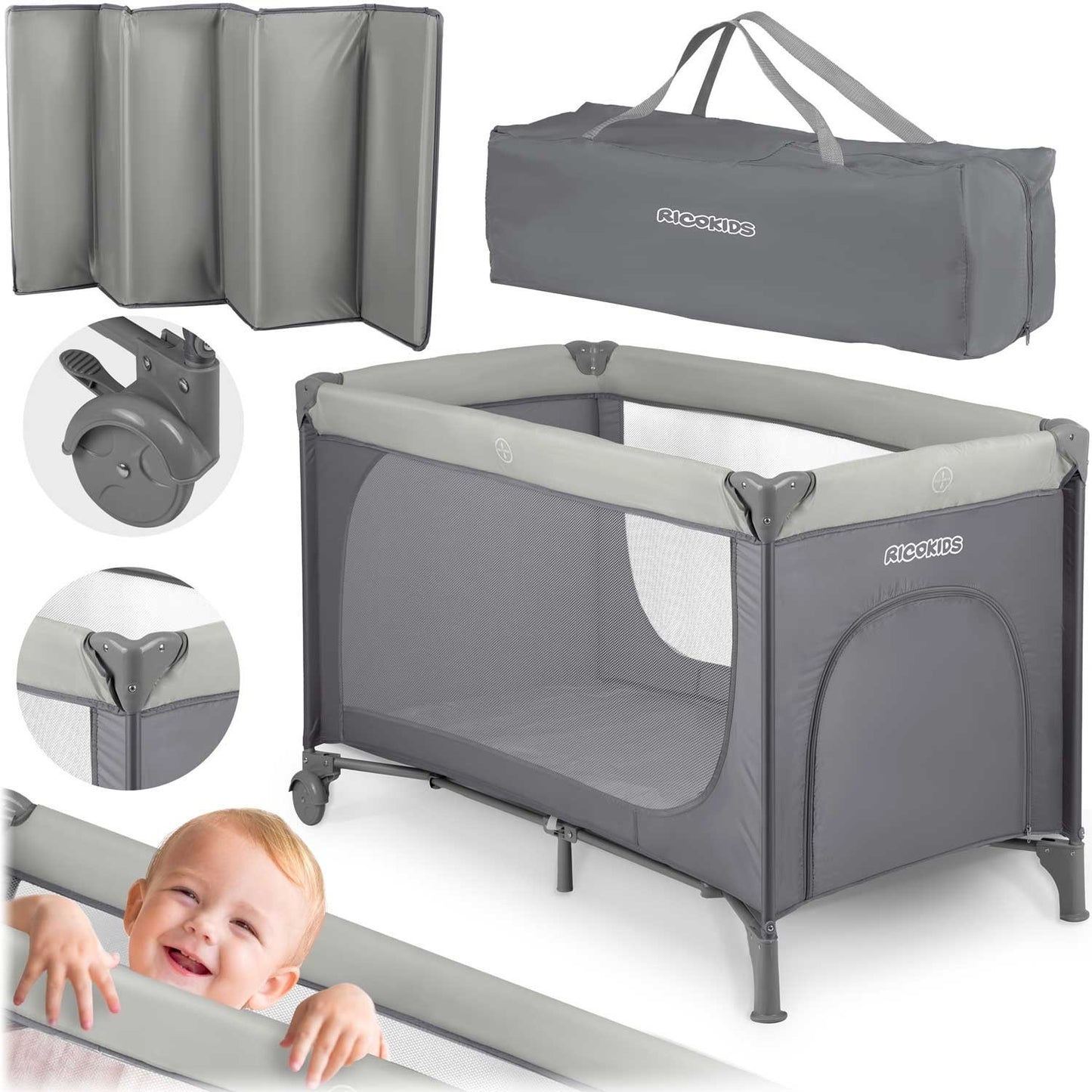 Travel cot 125 x 65 x 78 cm RK-240 light grey