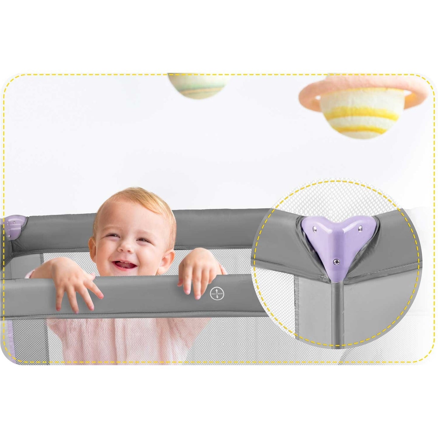 Travel cot for children 125 x 65 x 78 cm RK-240 grey/lavender