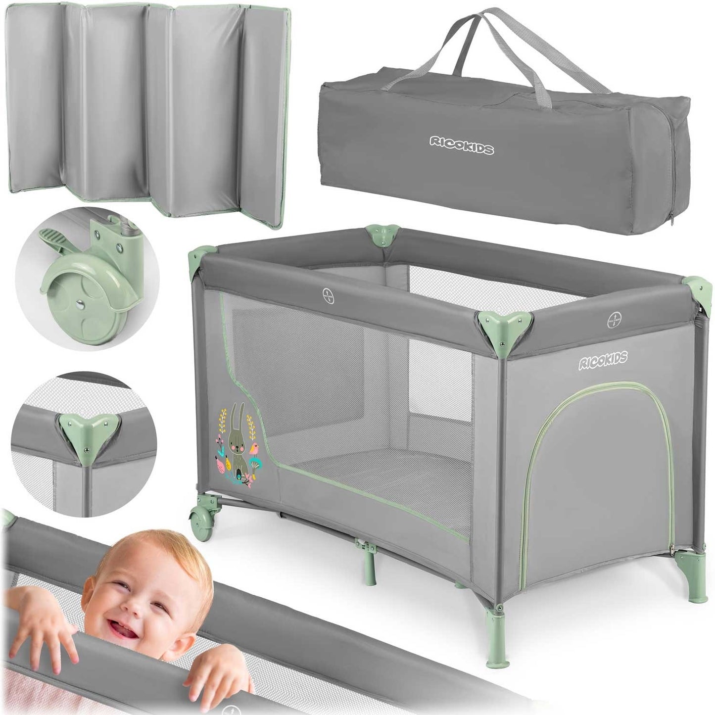 Travel cot for children 125 x 65 x 78 cm RK-240 grey-mint