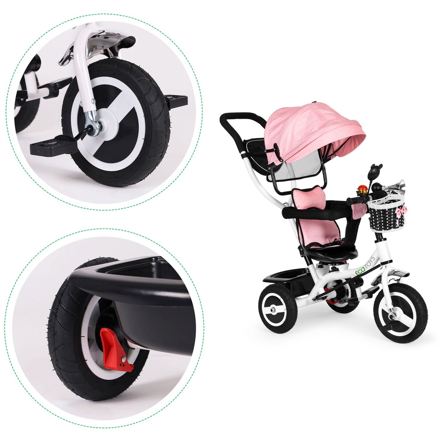 Tricycle rotating canopy durable rubber wheels