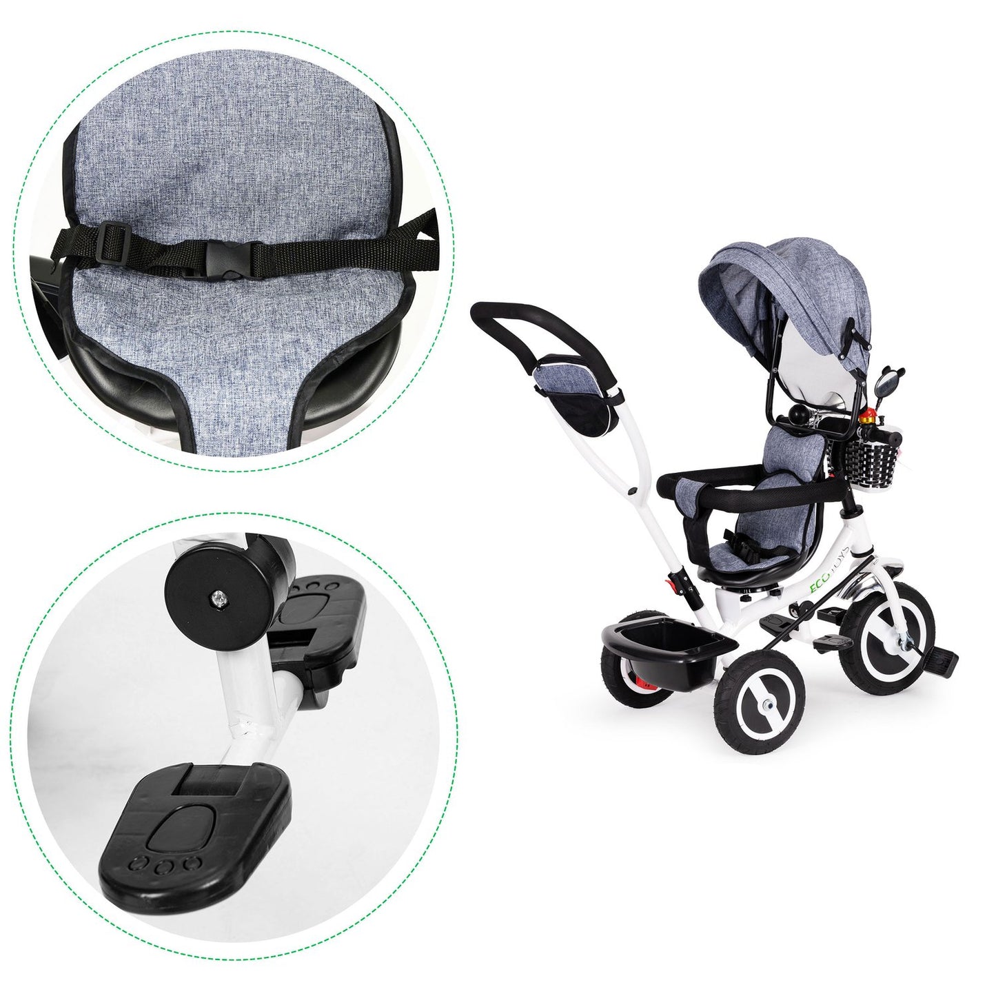 Tricycle rotating canopy gray durable rubber wheels