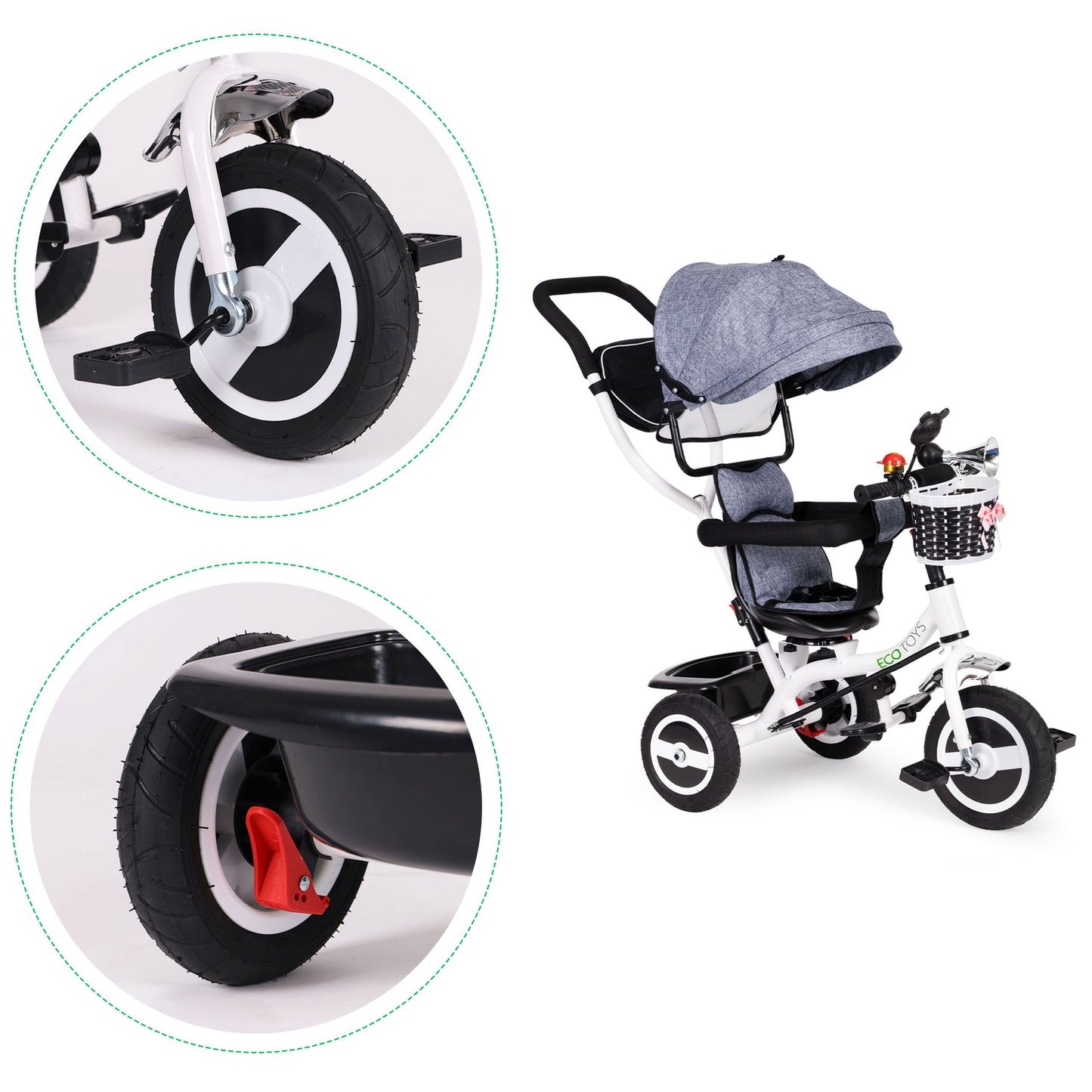 Tricycle rotating canopy gray durable rubber wheels