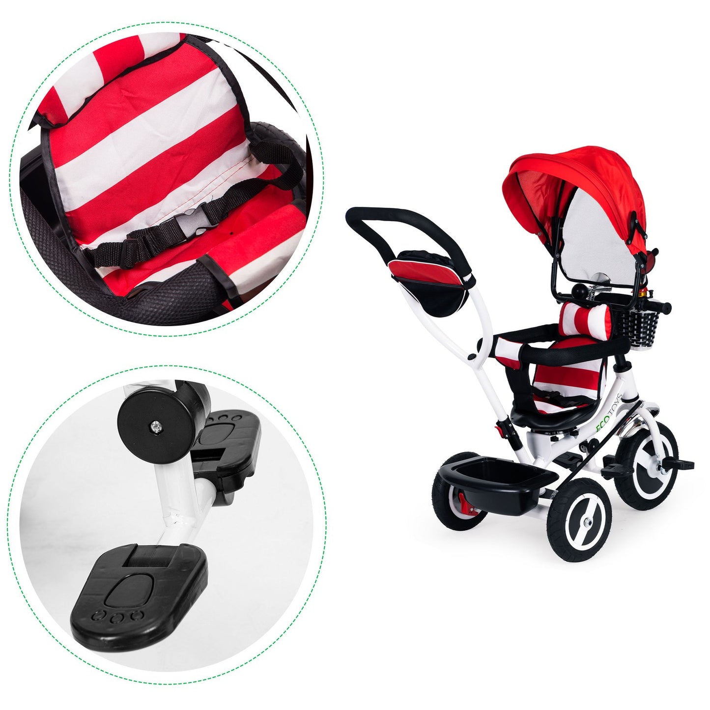 Tricycle rotating canopy red durable rubber wheels