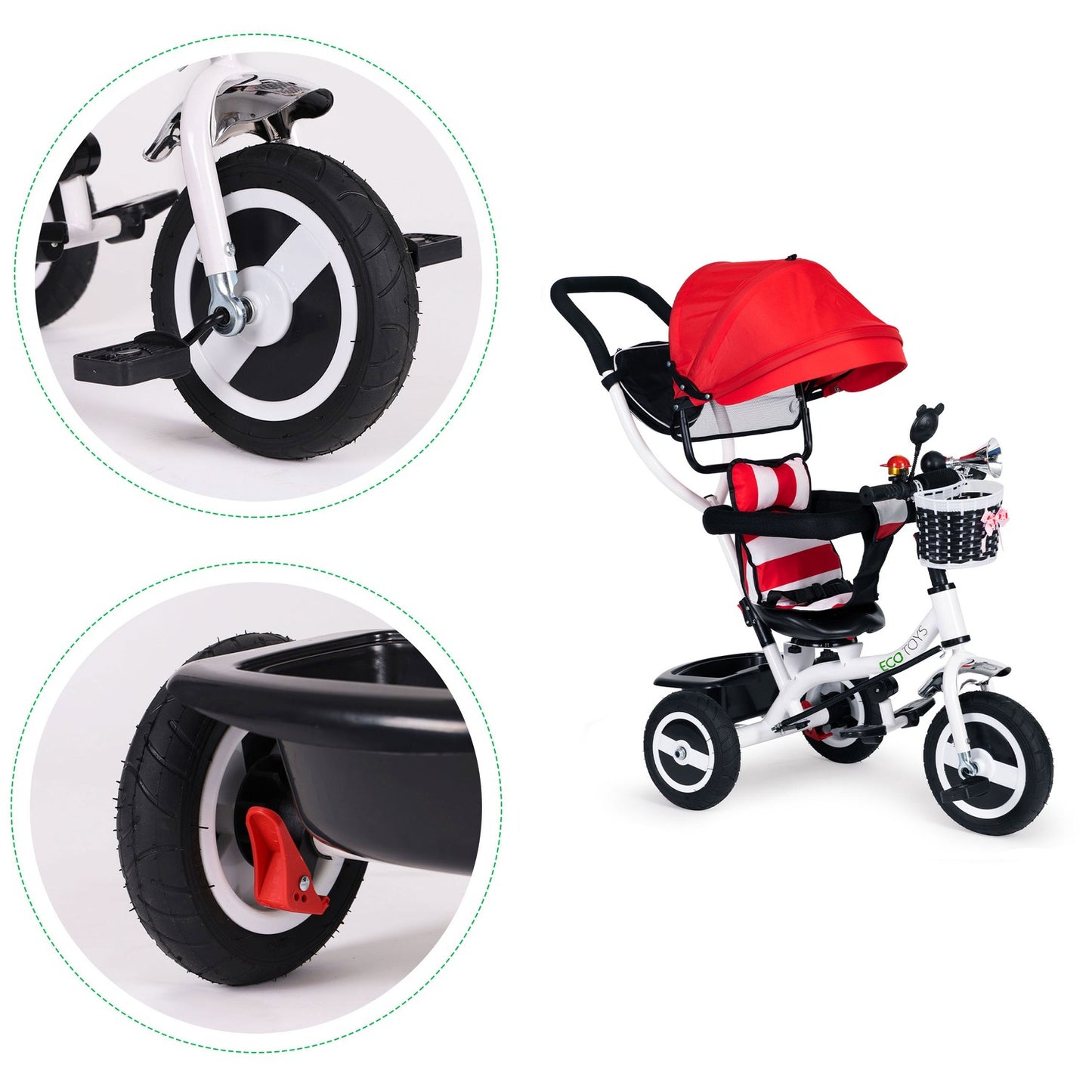 Tricycle rotating canopy red durable rubber wheels