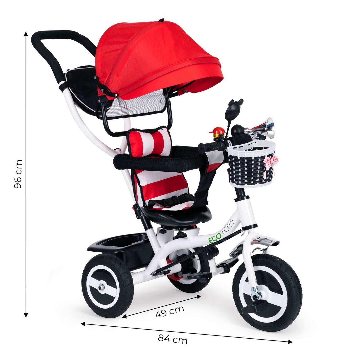 Tricycle rotating canopy red durable rubber wheels