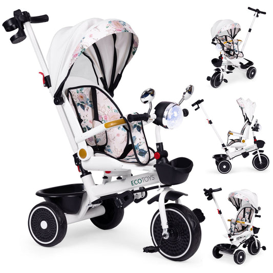 Tricycle stroller for children with swivel seat, push handle, and canopy, ECOTOYS