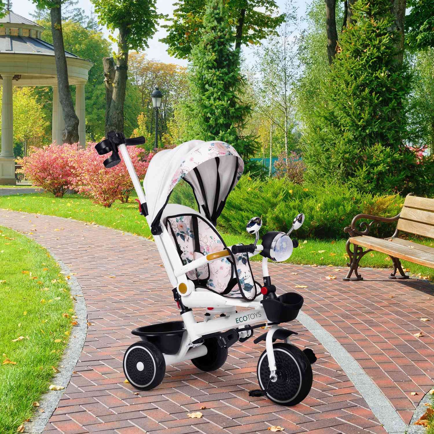 Tricycle stroller for children with swivel seat, push handle, and canopy, ECOTOYS