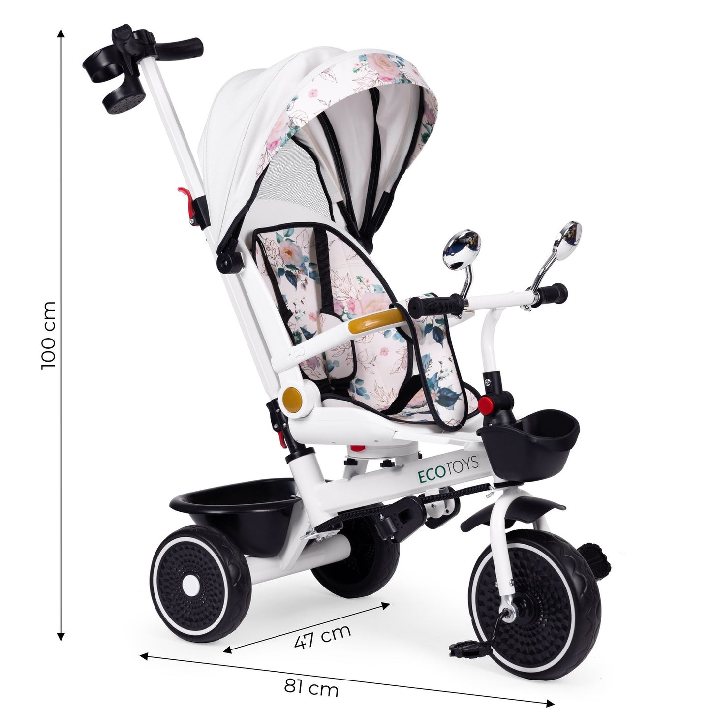 Tricycle stroller for children with swivel seat, push handle, and canopy, ECOTOYS