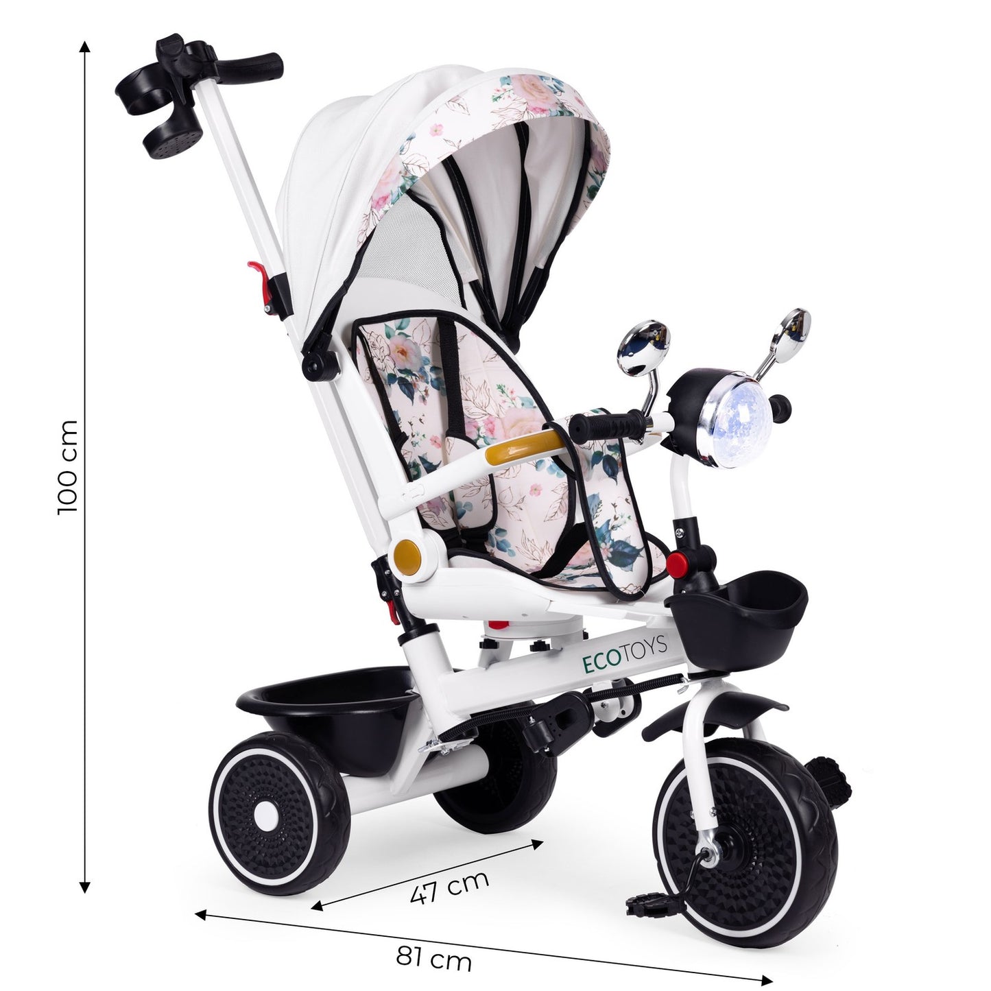 Tricycle stroller for children with swivel seat, push handle, and canopy, ECOTOYS