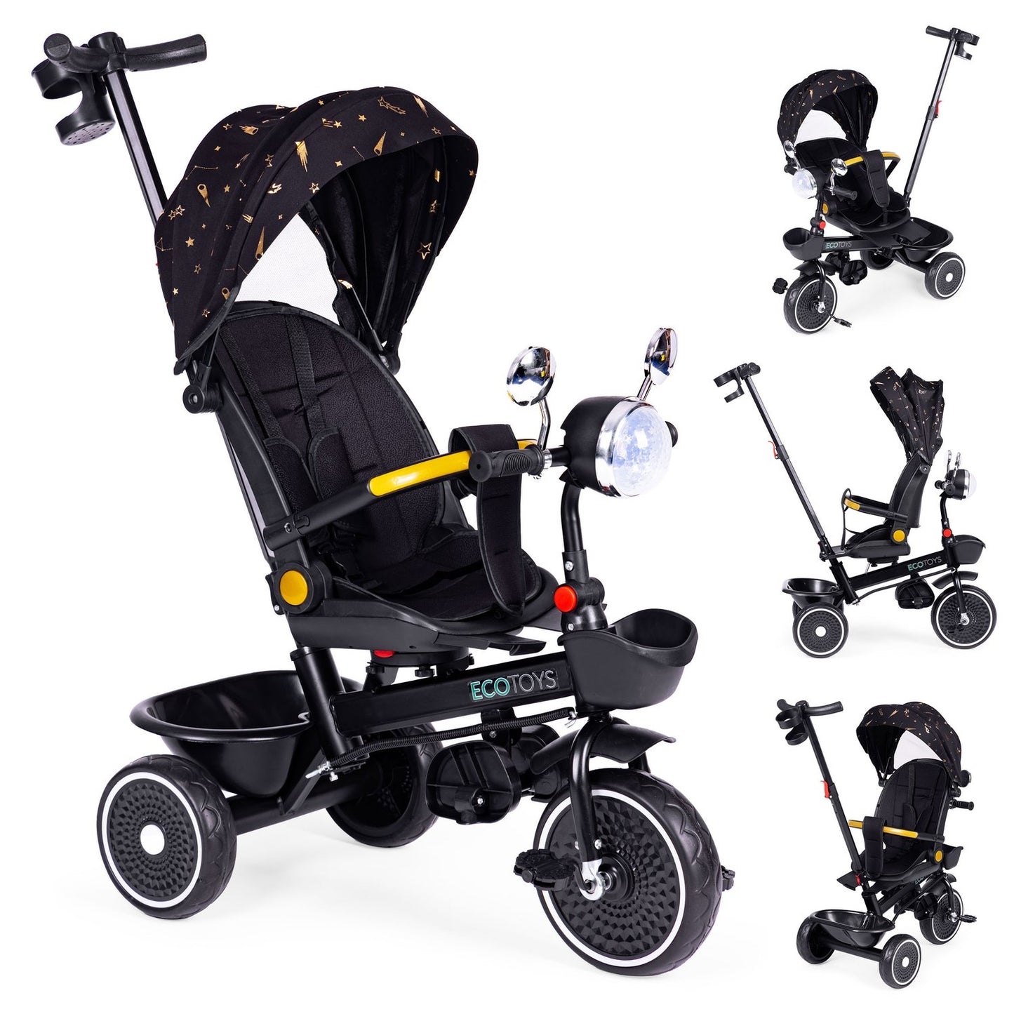 Tricycle stroller for children with swivel seat, push handle, black, ECOTOYS