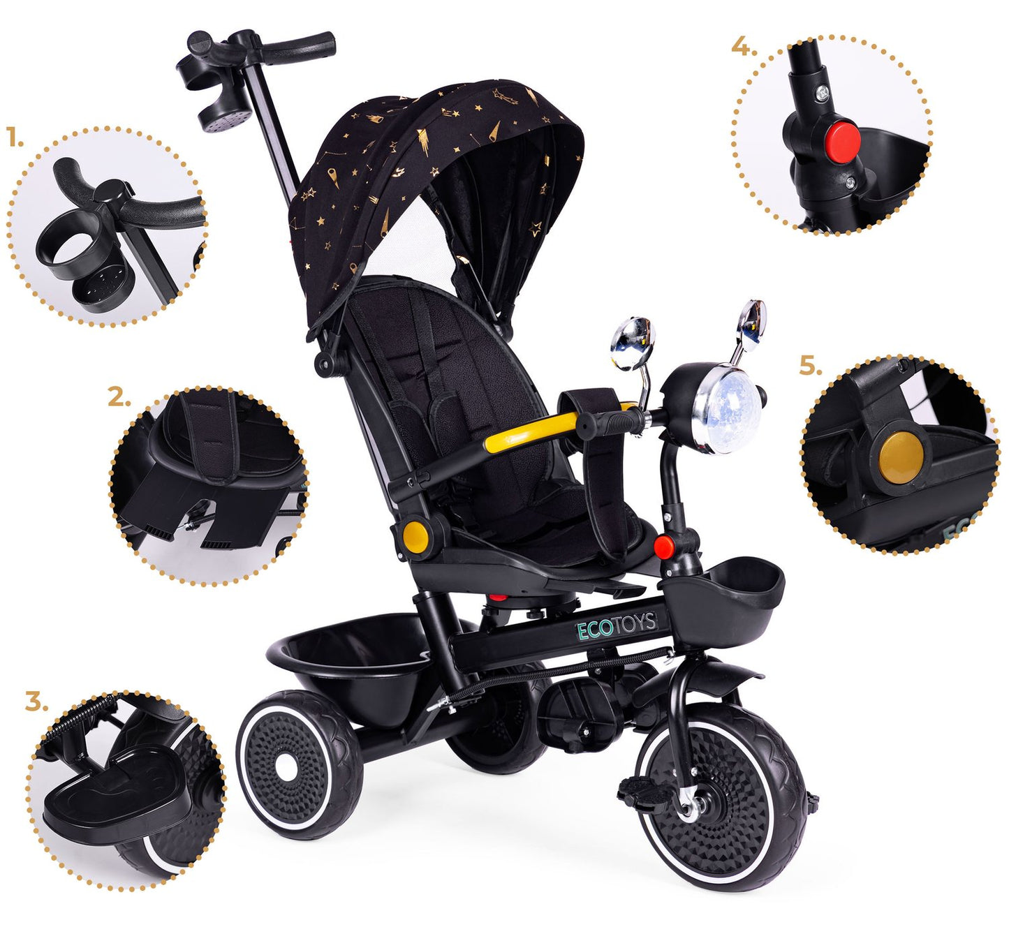 Tricycle stroller for children with swivel seat, push handle, black, ECOTOYS