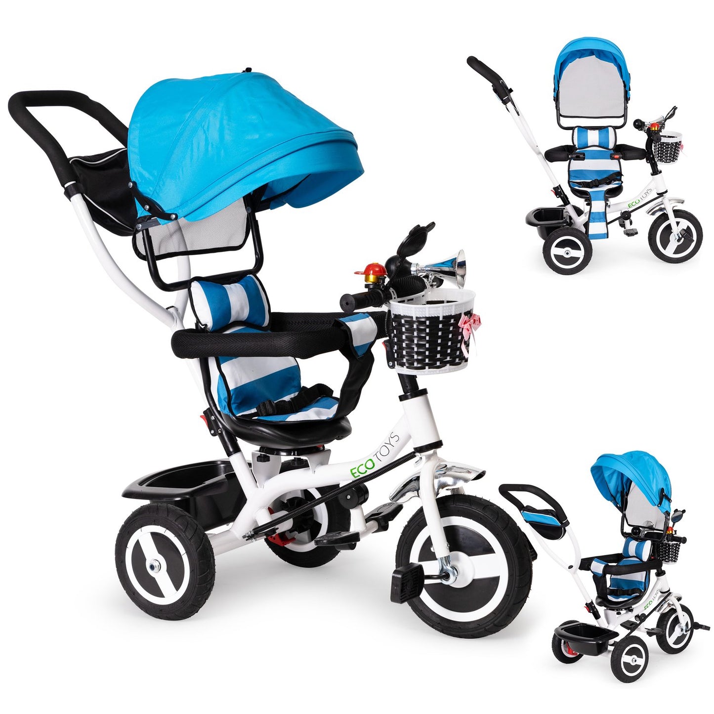 Tricycle, wheeled carriage, rotating blue roof