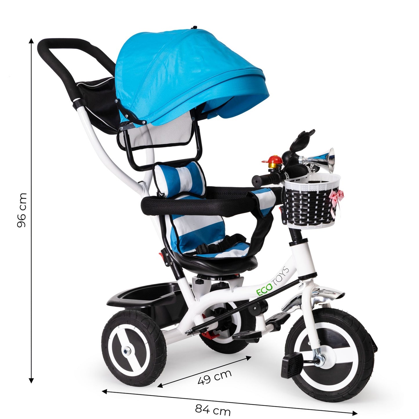 Tricycle, wheeled carriage, rotating blue roof