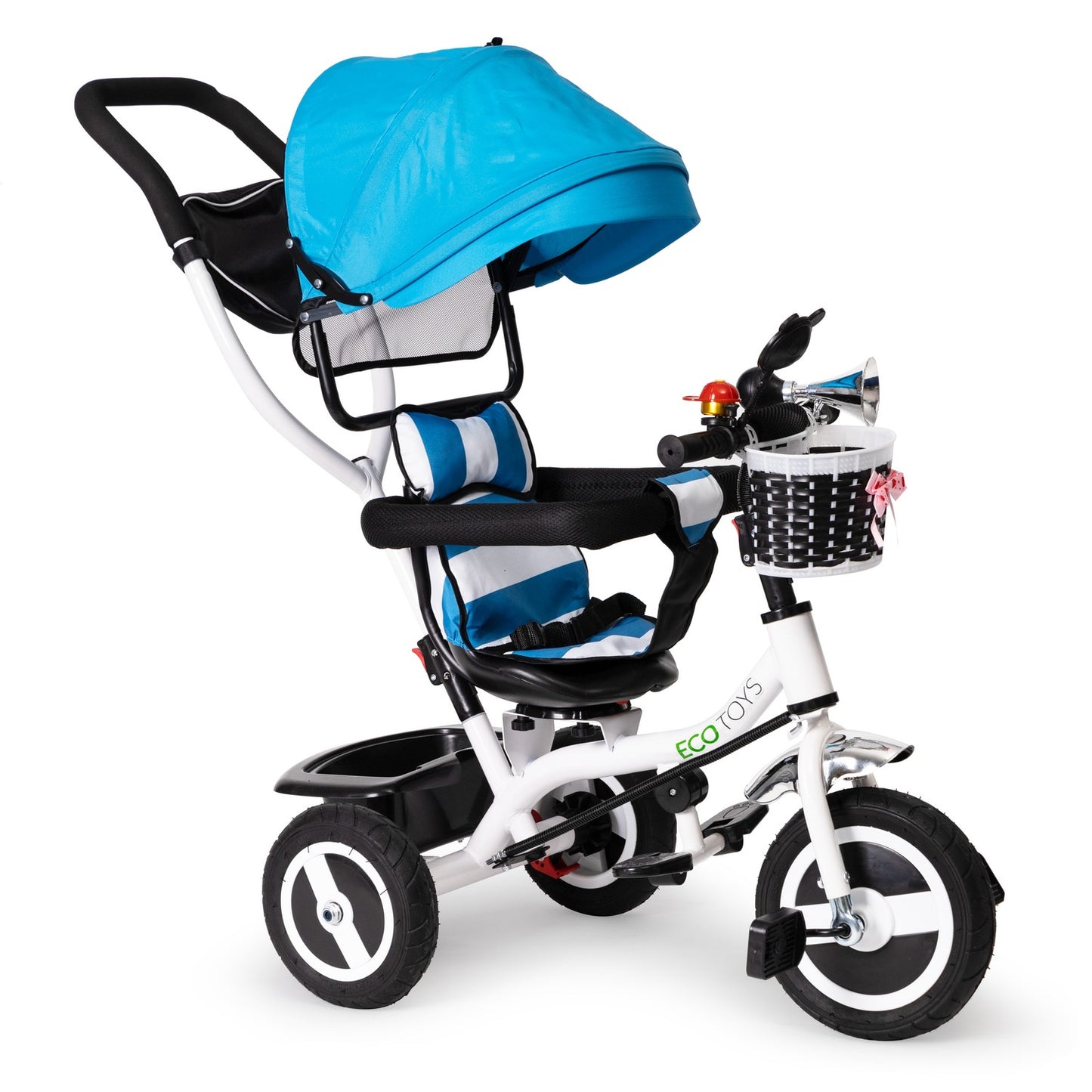 Tricycle, wheeled carriage, rotating blue roof
