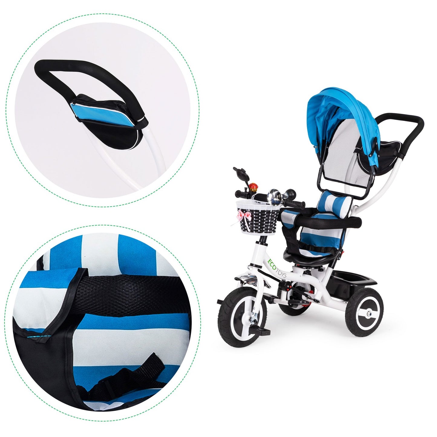Tricycle, wheeled carriage, rotating blue roof