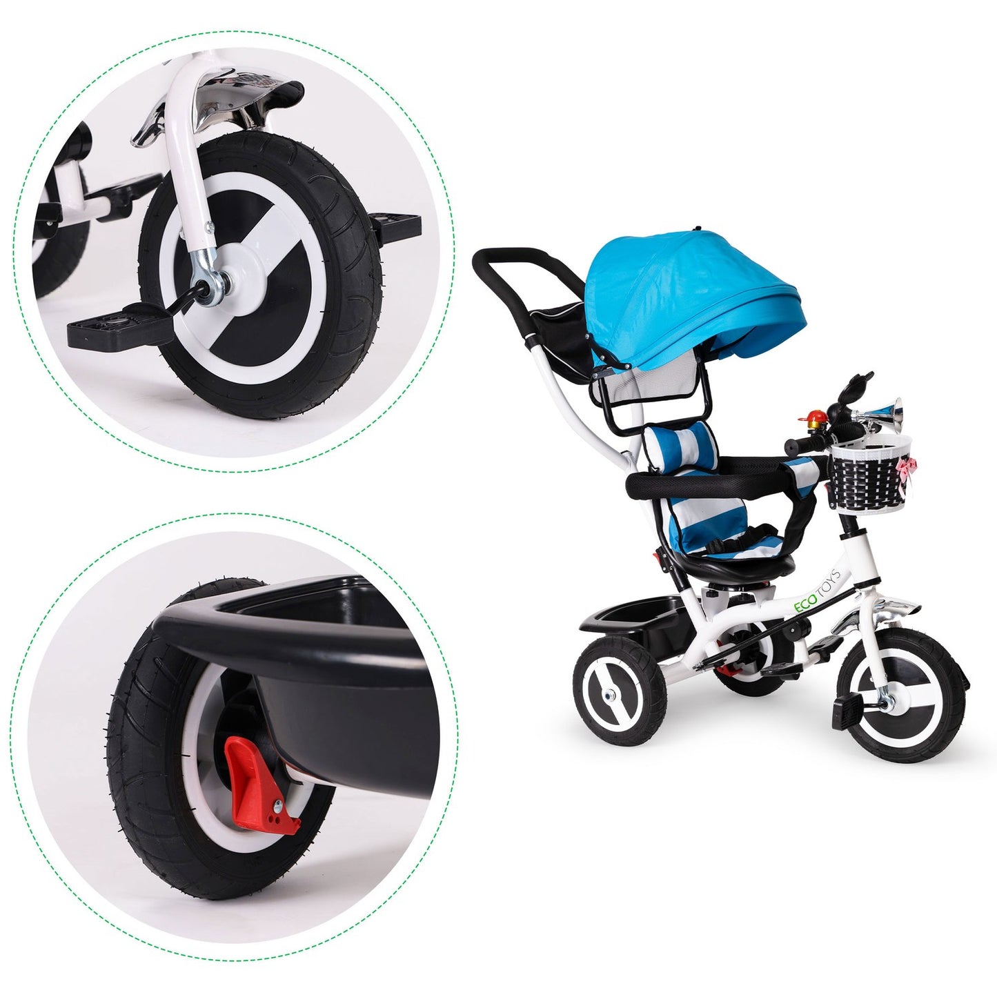 Tricycle, wheeled carriage, rotating blue roof