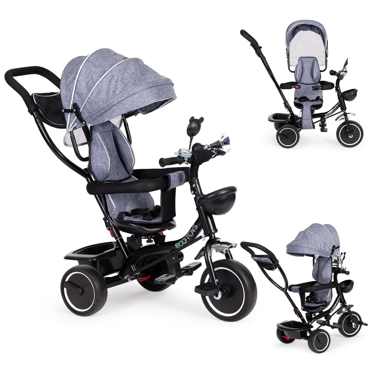 Tricycle with a rotating seat and a roof