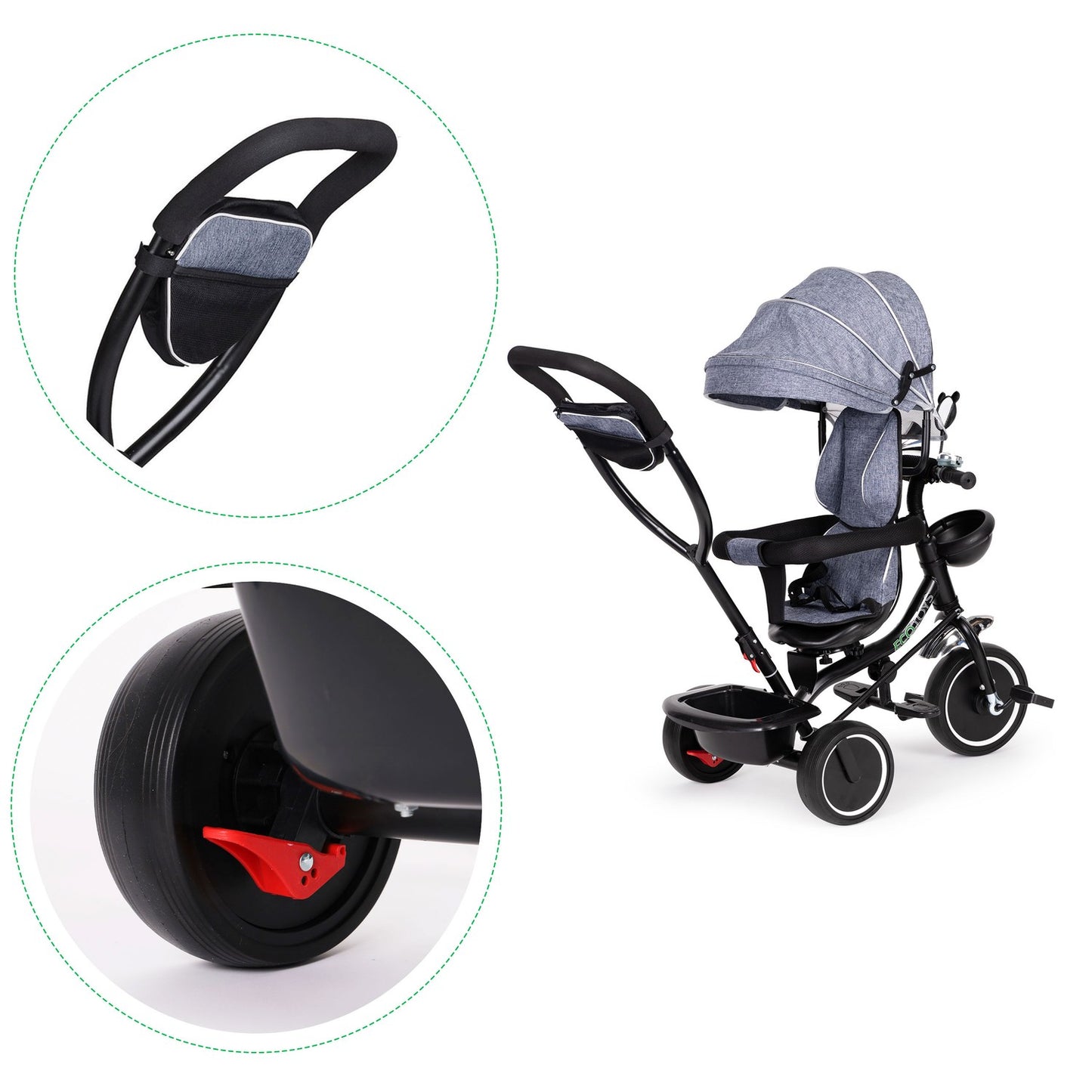 Tricycle with a rotating seat and a roof