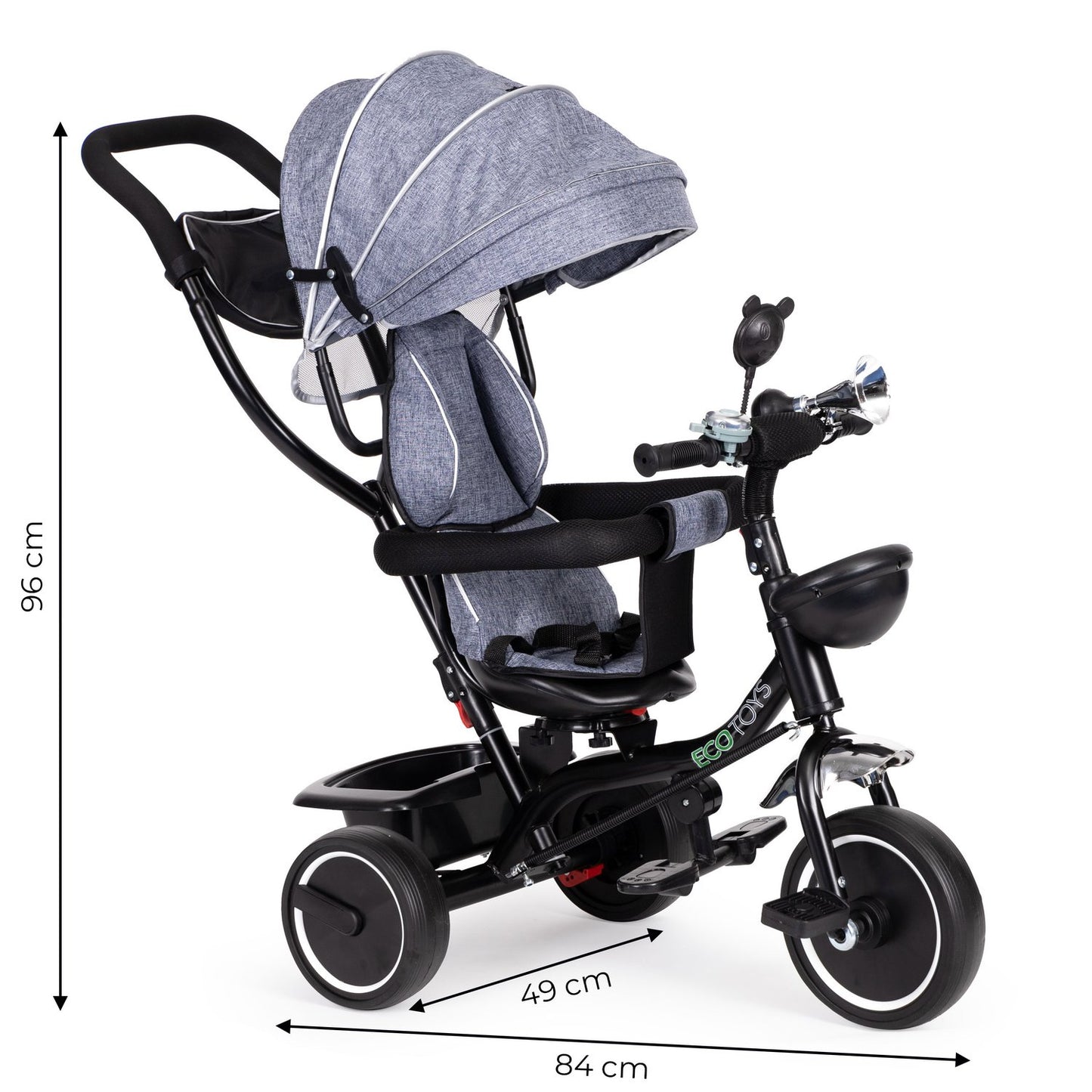 Tricycle with a rotating seat and a roof