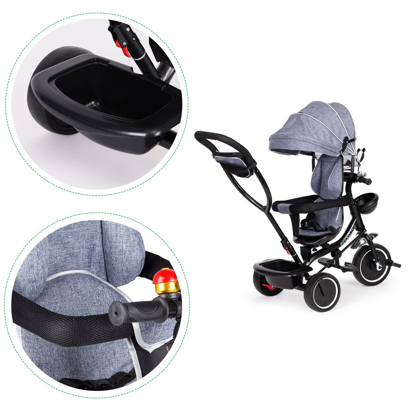 Tricycle with a rotating seat and a roof