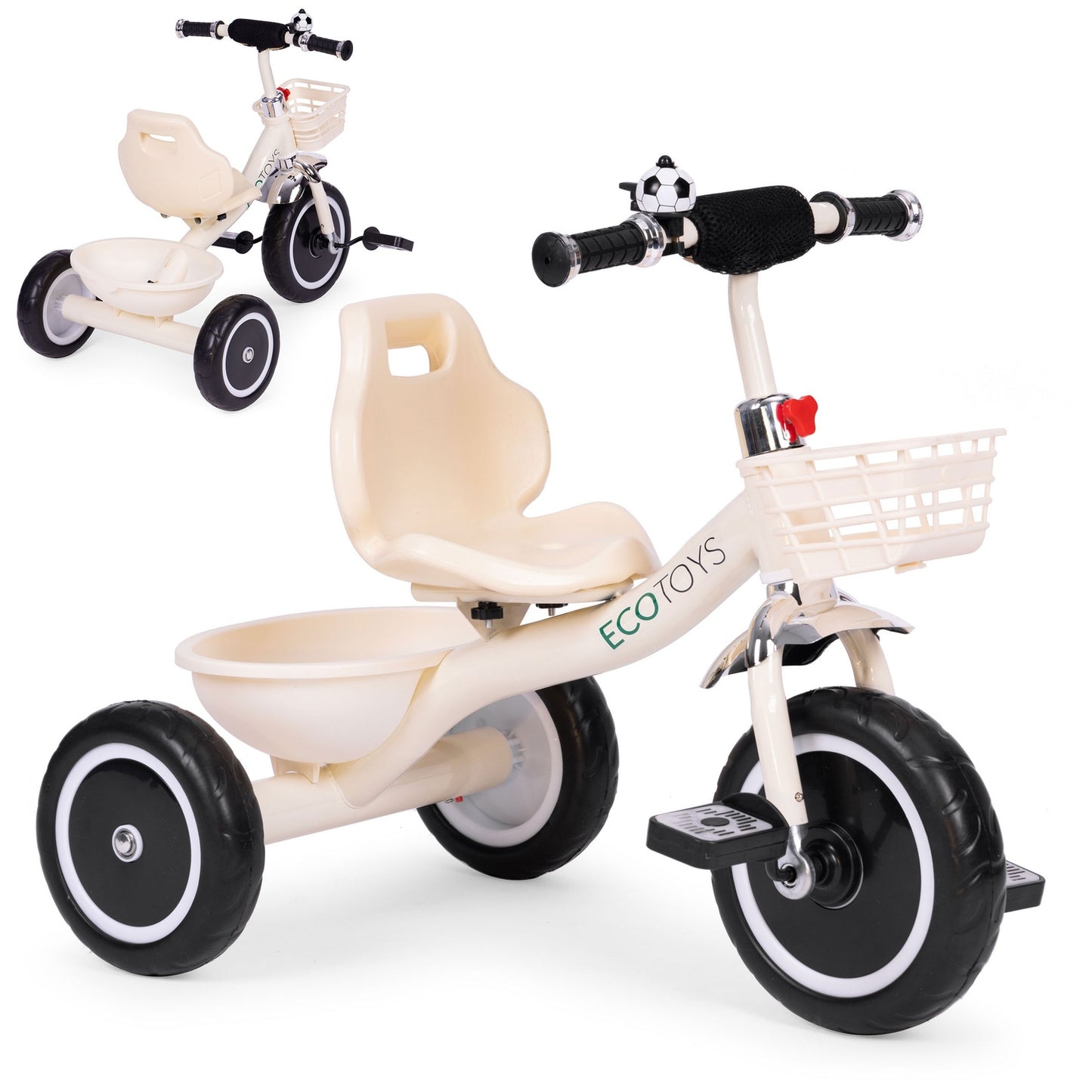 Tricycle with non-slip grips, bell, basket, beige, ECOTOYS