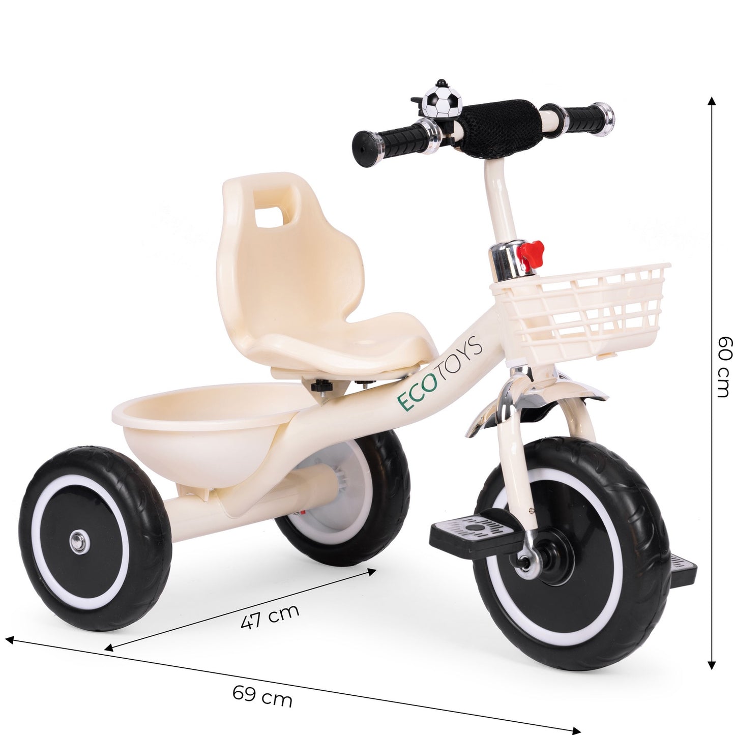 Tricycle with non-slip grips, bell, basket, beige, ECOTOYS