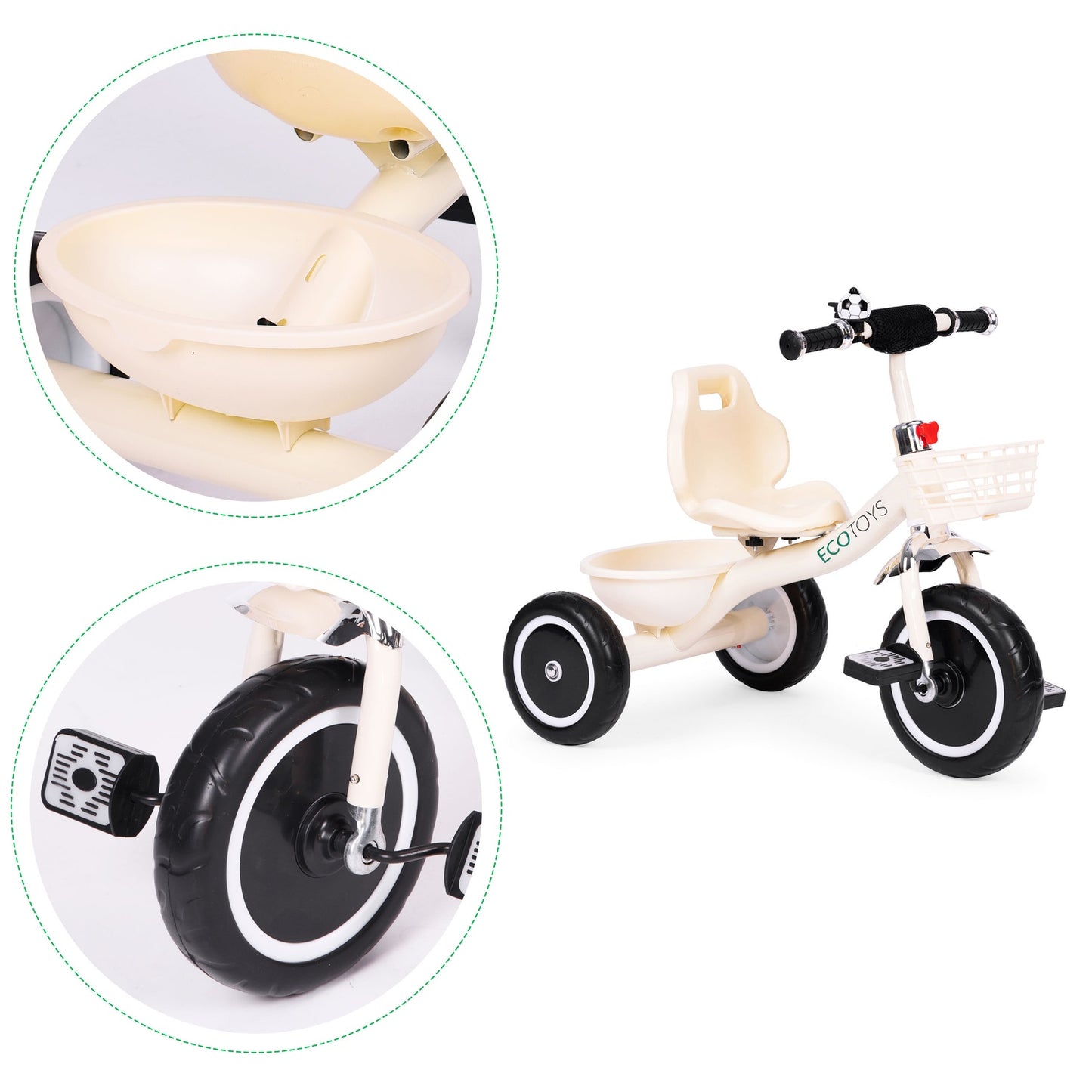 Tricycle with non-slip grips, bell, basket, beige, ECOTOYS