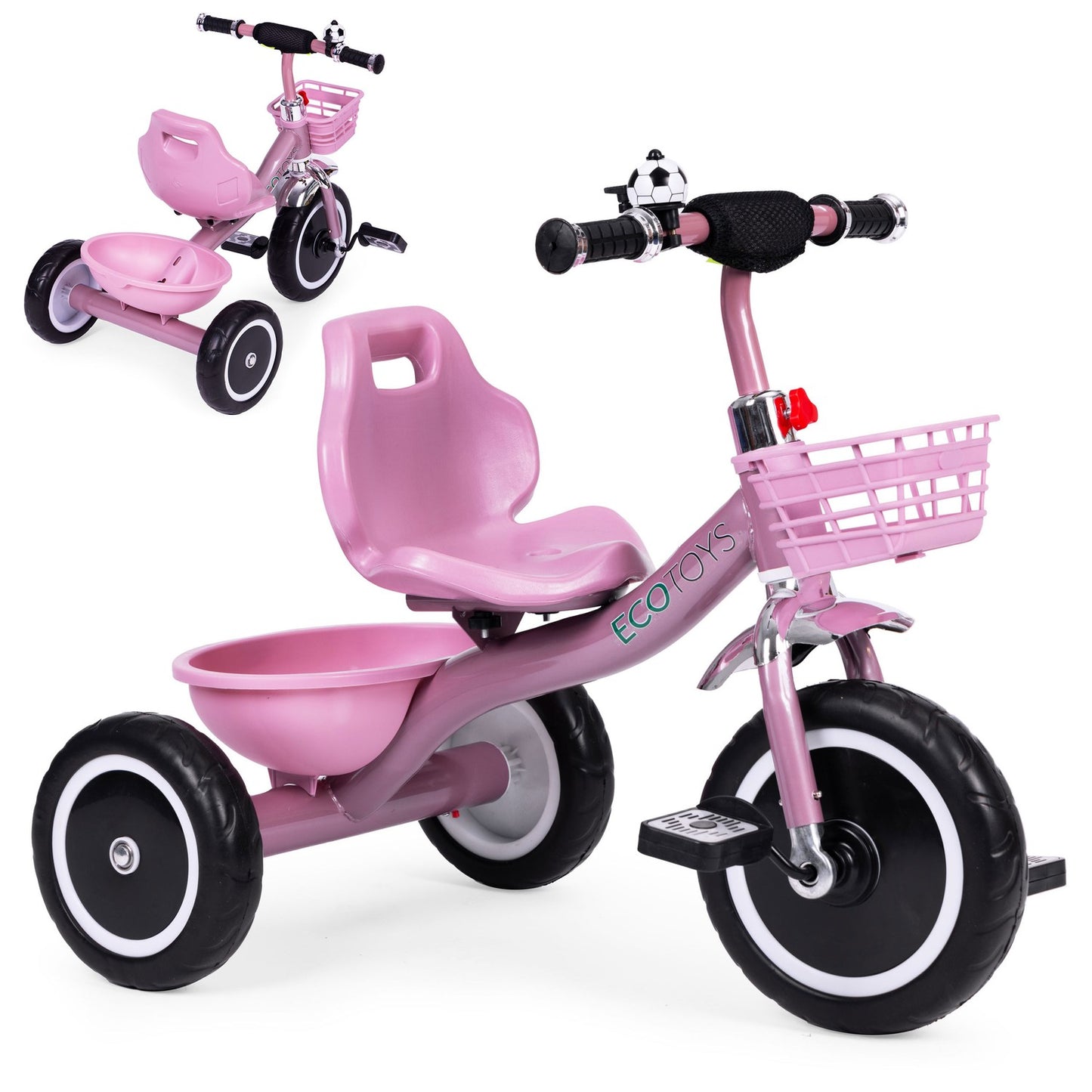 Tricycle with non-slip grips, bell, basket, pink, ECOTOYS