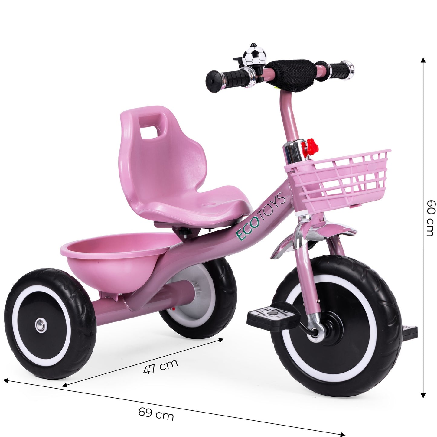 Tricycle with non-slip grips, bell, basket, pink, ECOTOYS