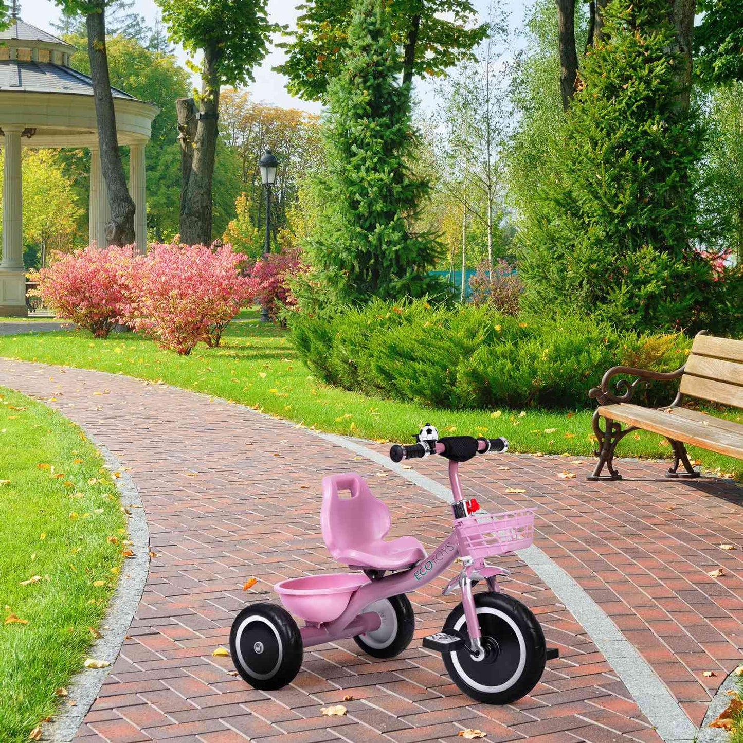 Tricycle with non-slip grips, bell, basket, pink, ECOTOYS