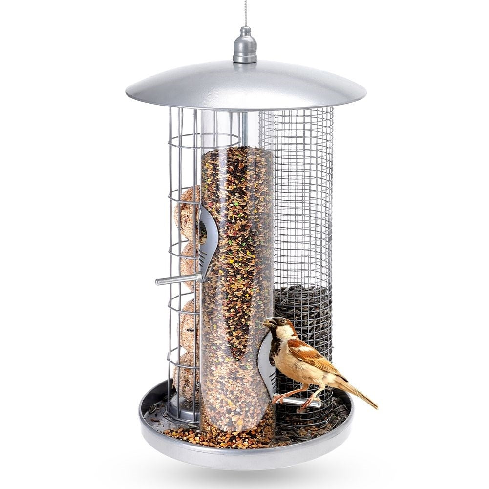 Triple bird feeder for seeds, tallow balls and feed
