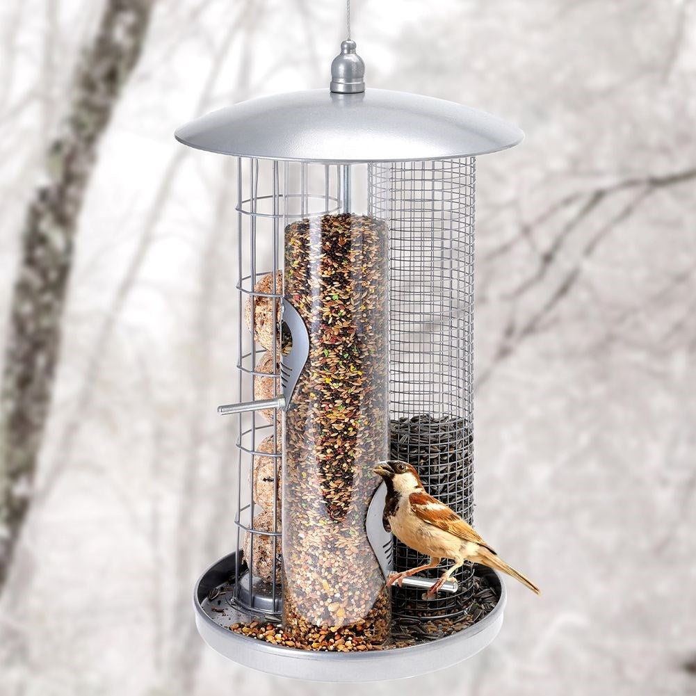 Triple bird feeder for seeds, tallow balls and feed