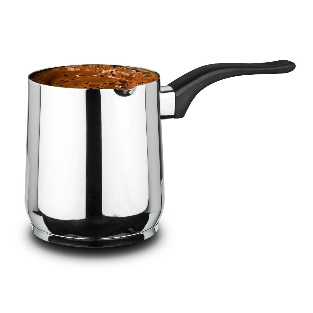 Turkish coffee pot in stainless steel with heat-resistant handle