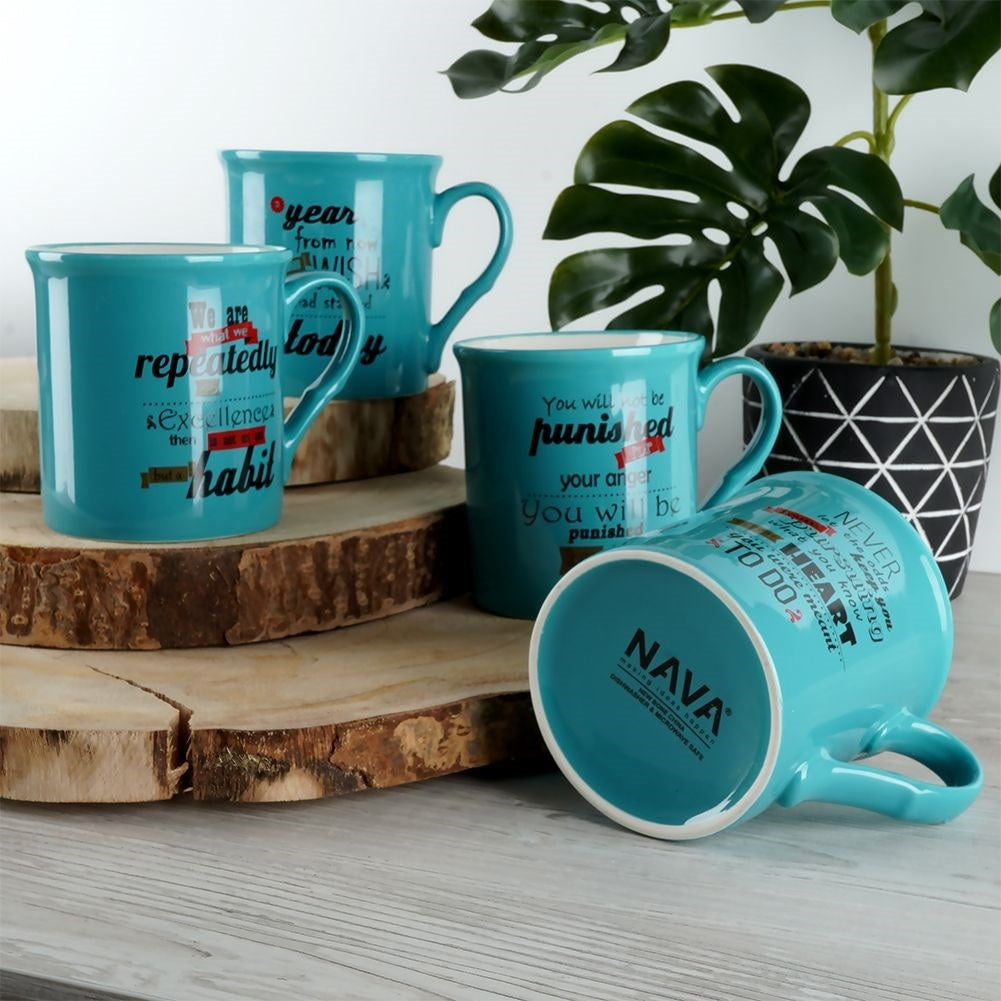 Turquoise porcelain mug with English text, dishwasher safe
