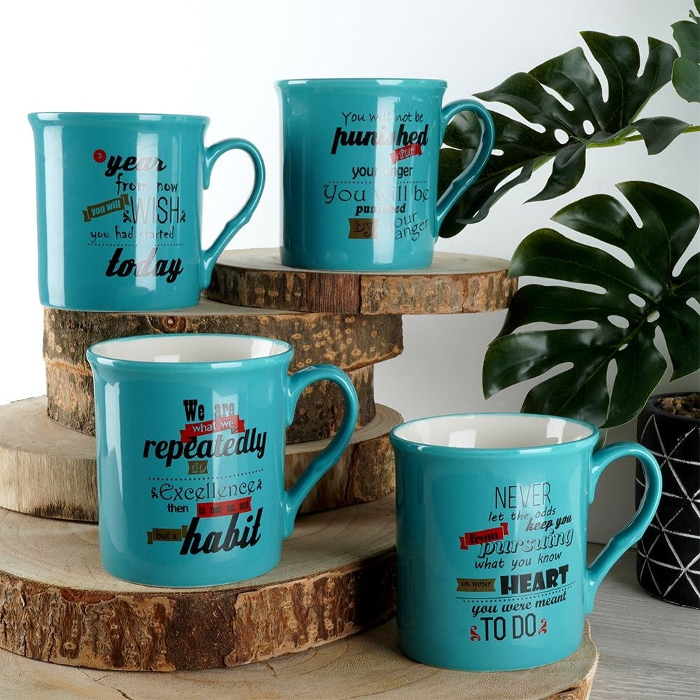 Turquoise porcelain mug with English text, dishwasher safe